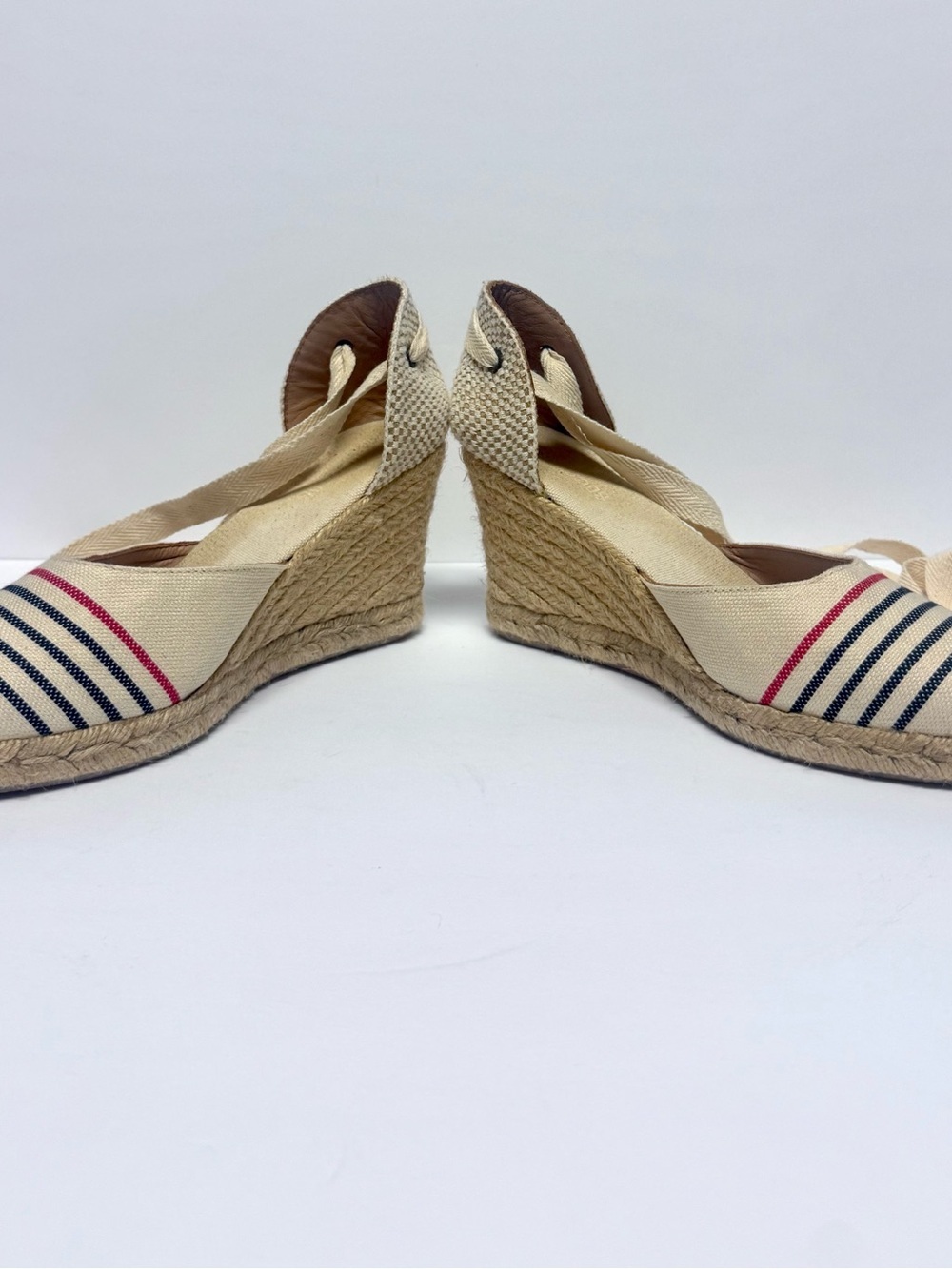 Soludos Canvas Espadrille Wedge with Ribbon Tie - Cream with Navy & Red Stripes - Picture 3 of 6
